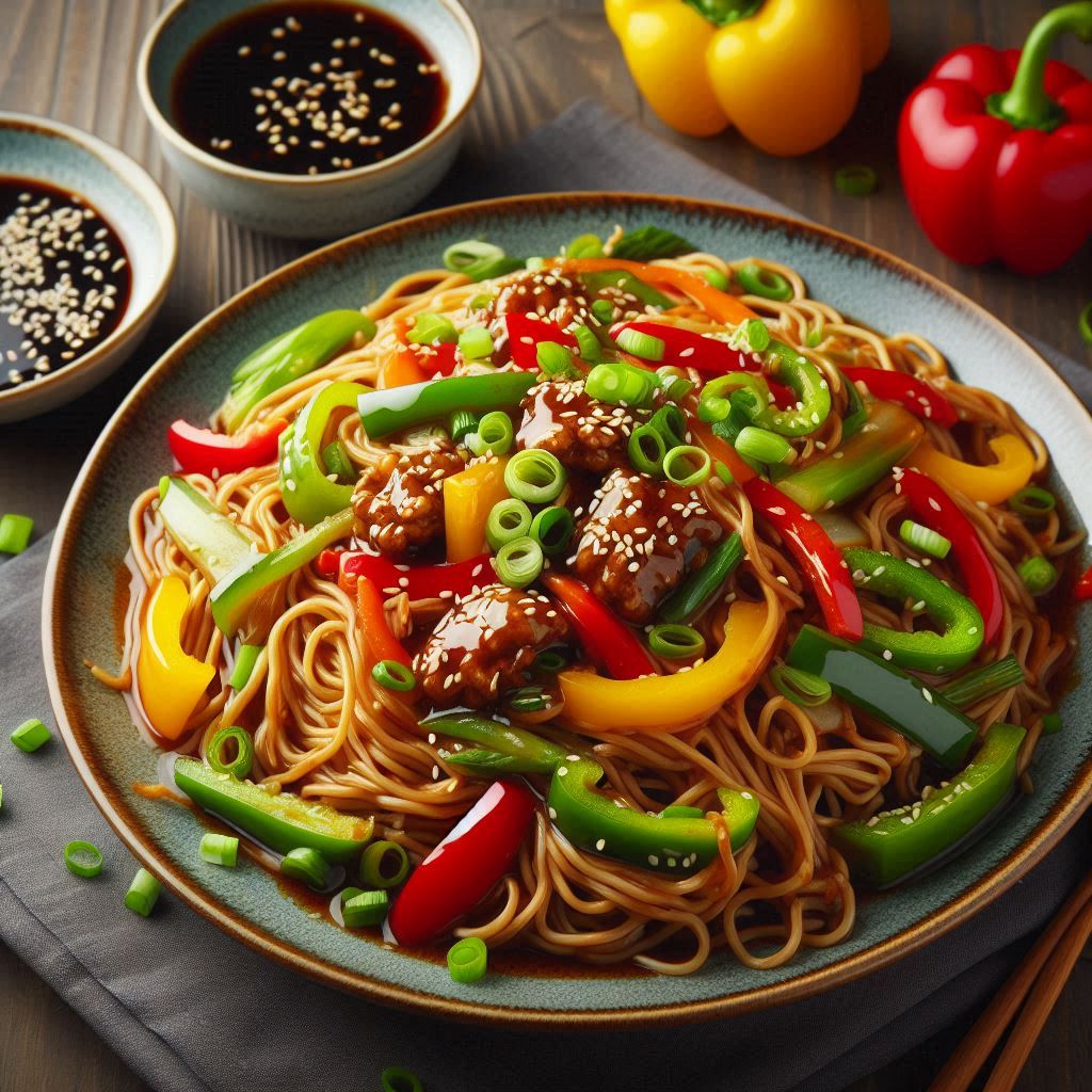 Vegetable Hakka Noodles with Manchurian Gravy