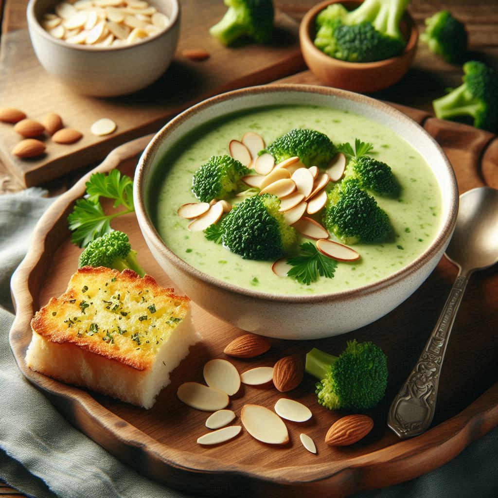 Broccoli and Almond Soup with Garlic Bread