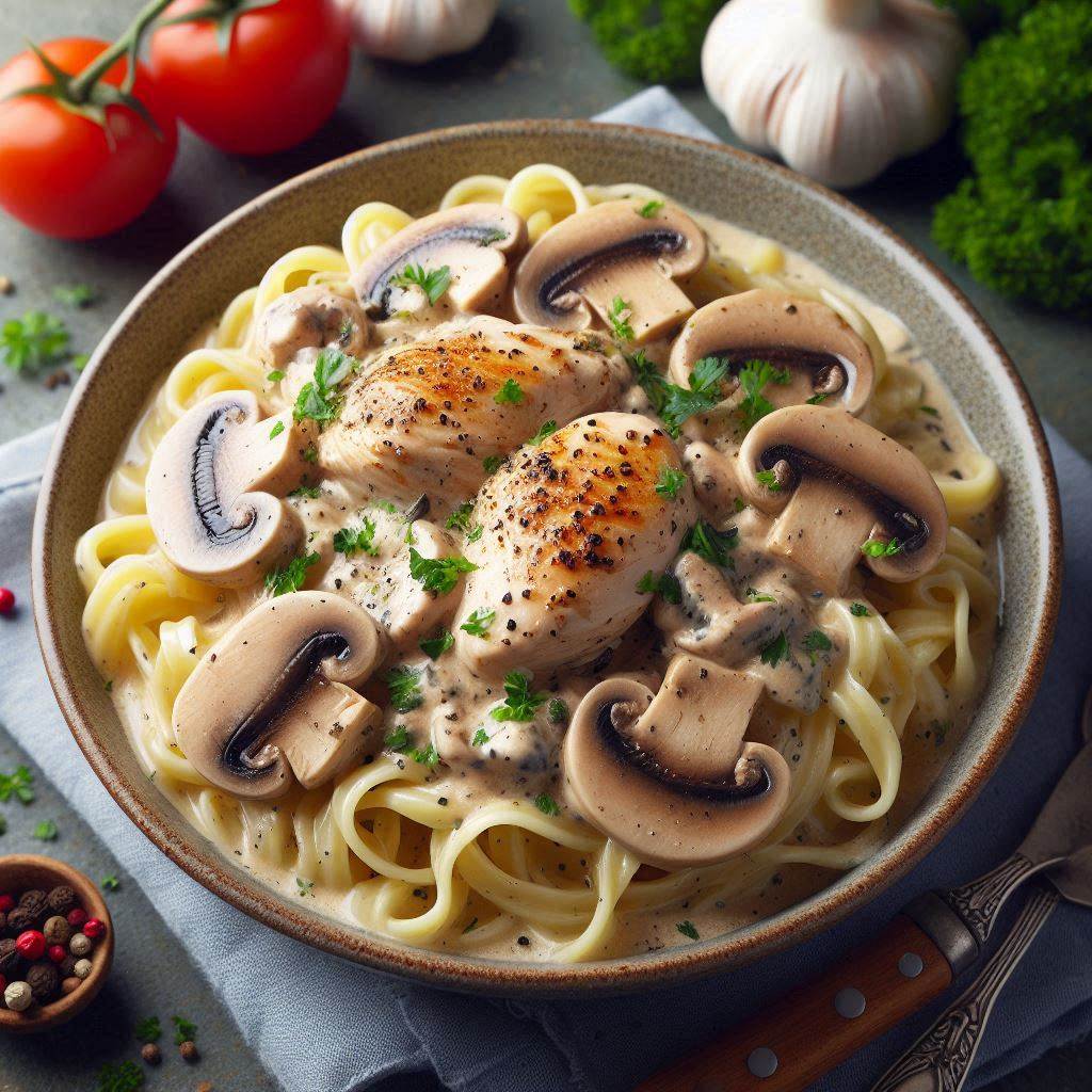 Creamy Chicken with Dairy-Free Garlic Mushroom Sauce and Noodles