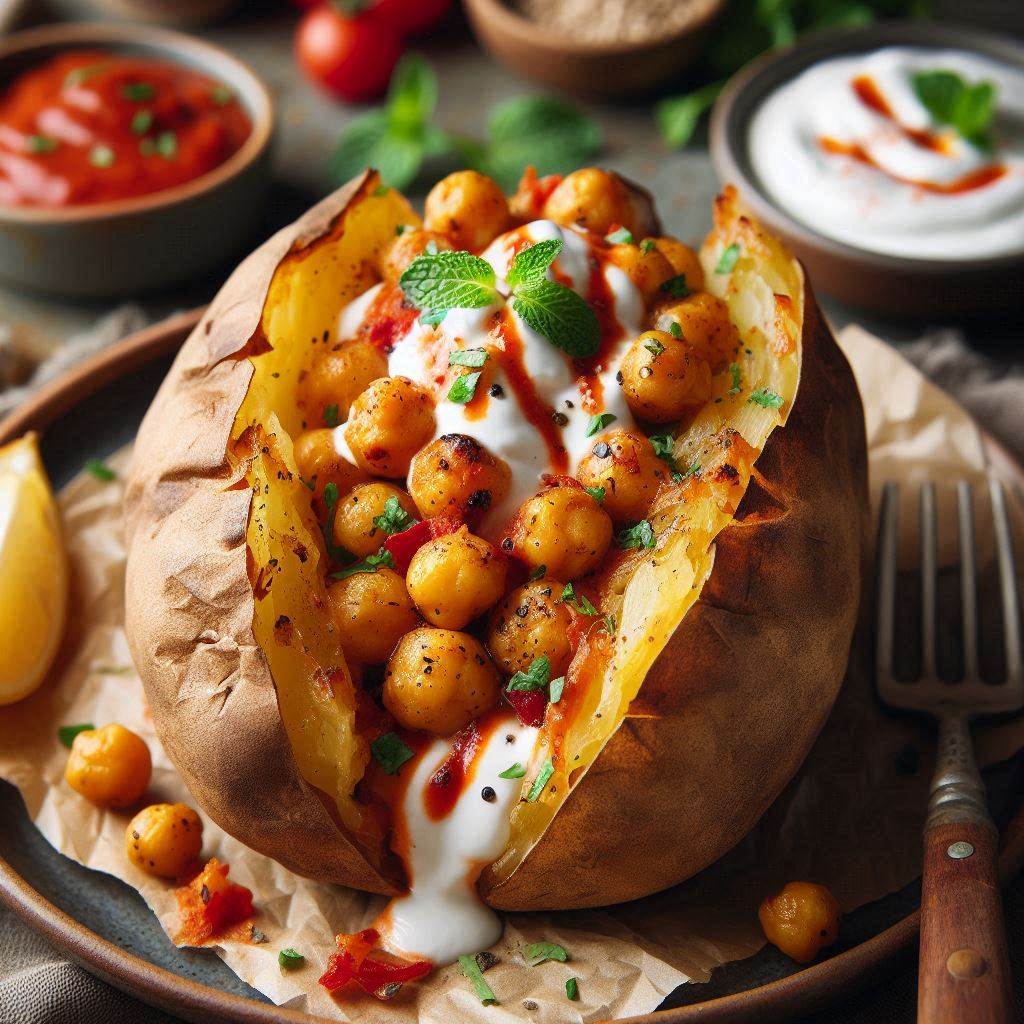 Baked Potato with Spiced Chickpeas and Dairy-Free Yogurt Drizzle