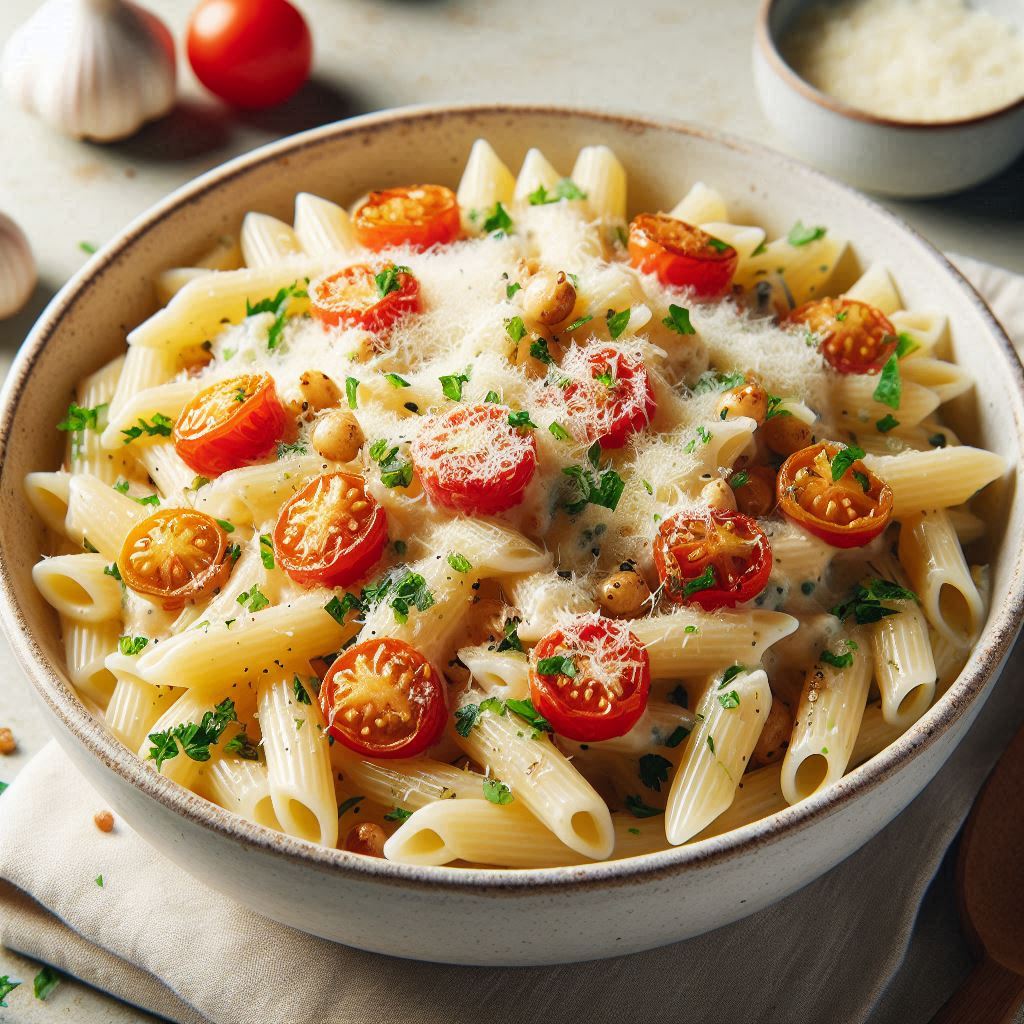 Creamy Pasta Salad Recipe with Roasted Garlic and Parmesan