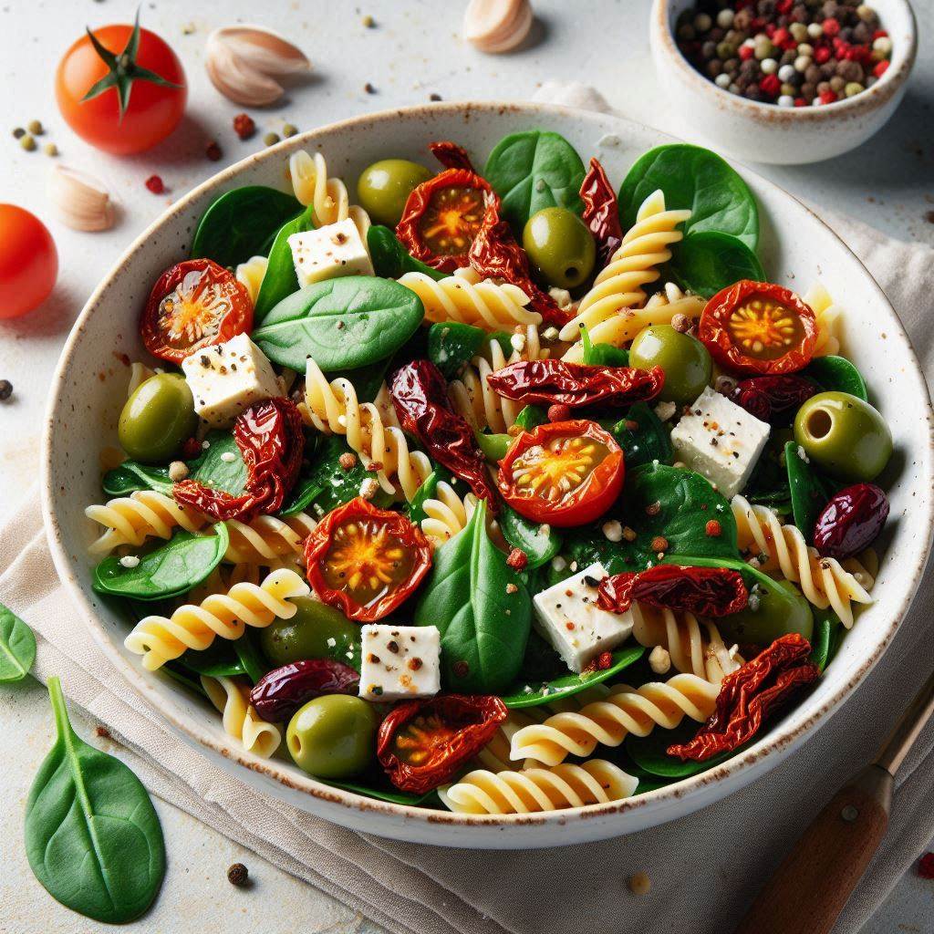 Healthy Creamy Pasta Salad Recipe with Spinach and Feta