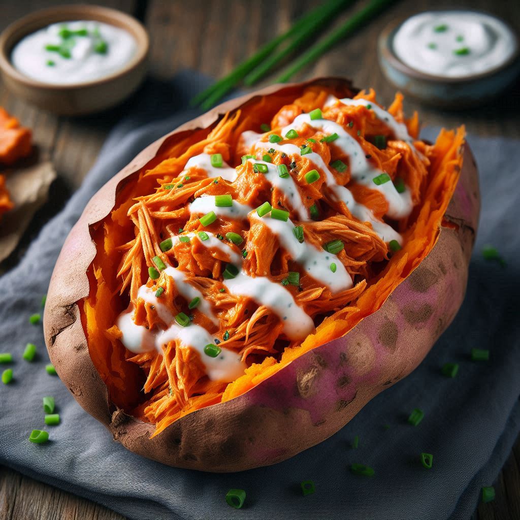 Buffalo Chicken Stuffed Sweet Potatoes