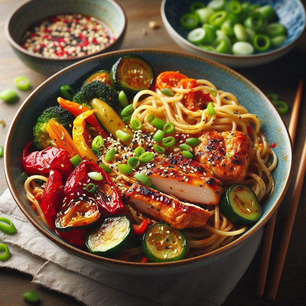 Spicy Chicken and Noodles with Roasted Vegetables