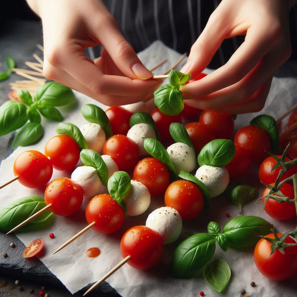 Caprese Skewers (Cold, Healthy & Simple!) 5 Assemble the Skewers