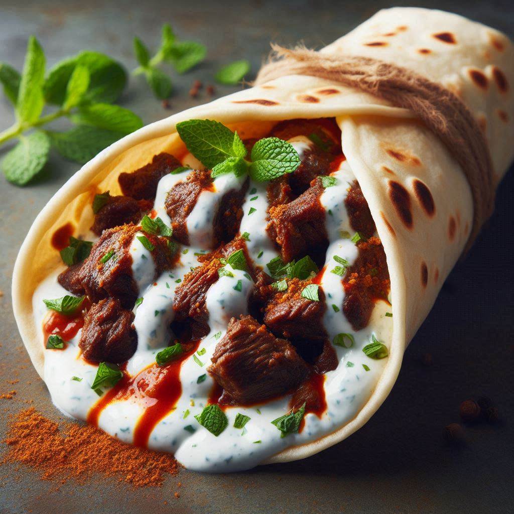 Indian-Style Bread Wrap with Spiced Lamb and Yogurt Sauce