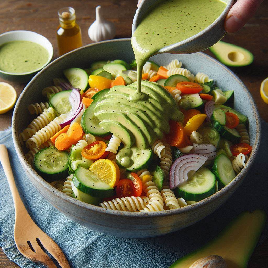 Creamy Pasta Salad Recipe Without Mayo – Avocado Dressing 6 Assemble the Salad